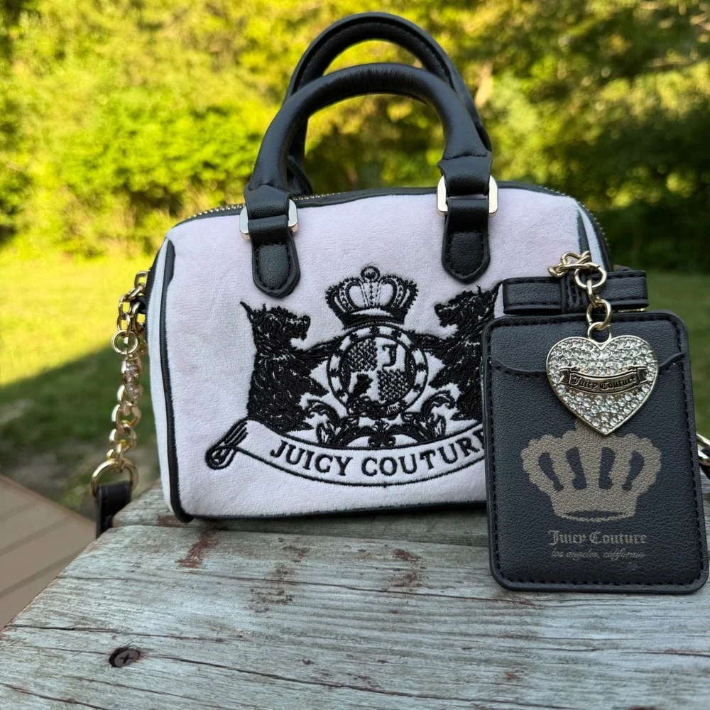 Juicy Couture Velour Barrel Bag Y2K McBling Satchel Small Pink Logo Chain